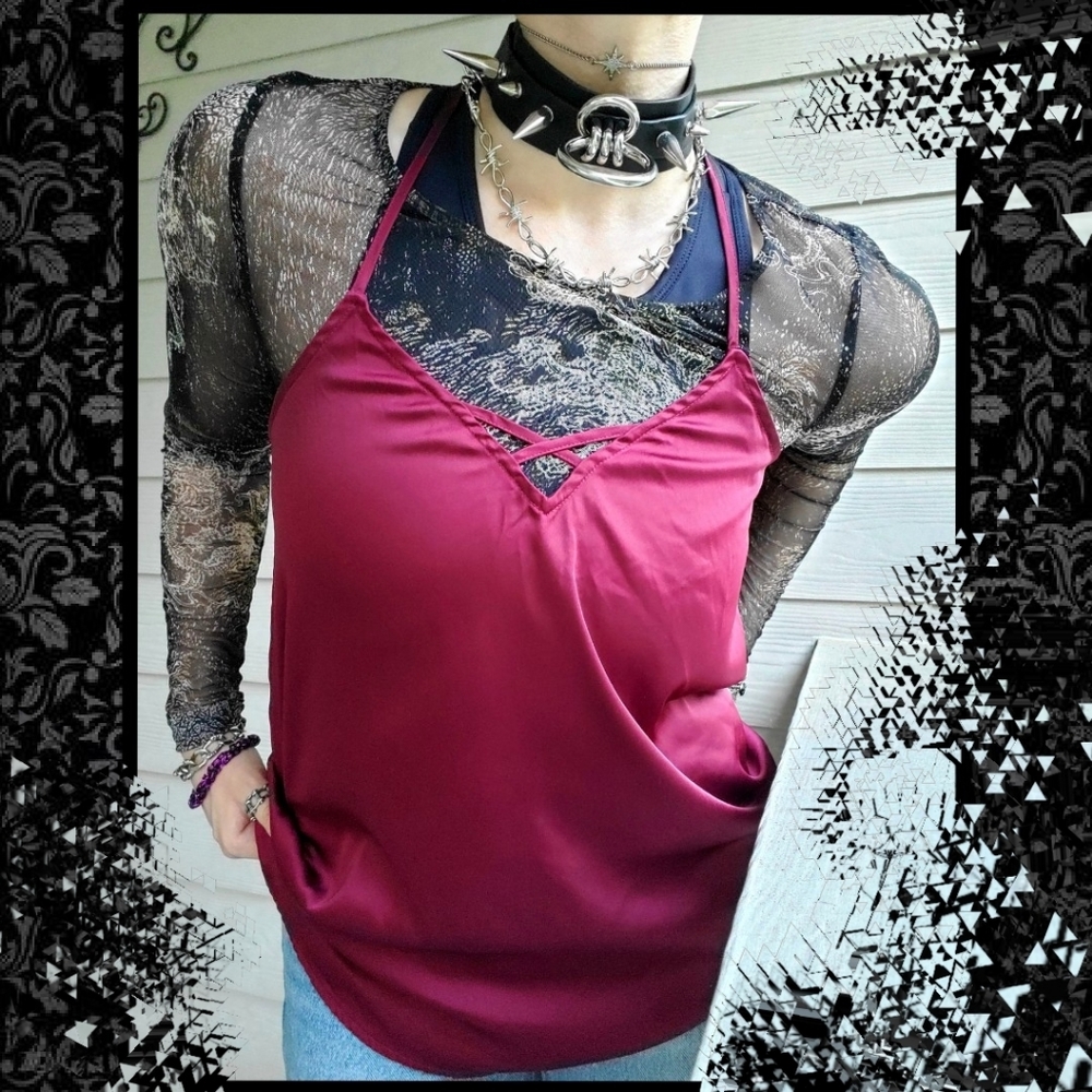 NOBO Burgundy Fire Red Shiny Satin Slinky Sexy Spaghetti-strap Slip Camisole Top